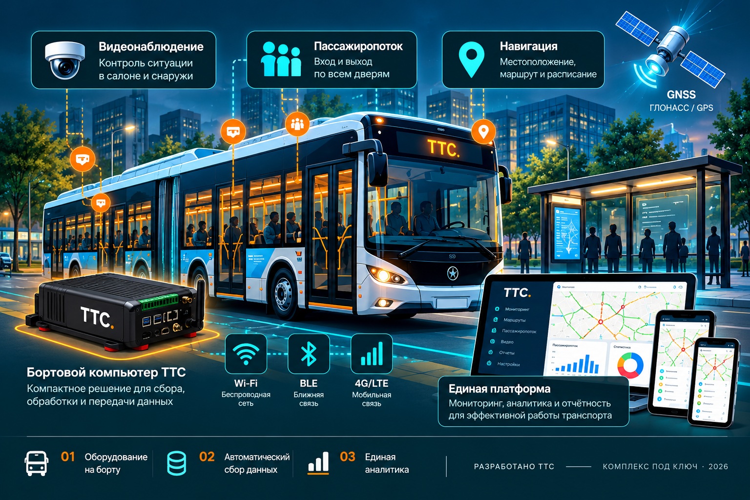 Иллюстрация автобуса ТТС, бортового компьютера, Wi-Fi, BLE, GNSS и цифровой платформы